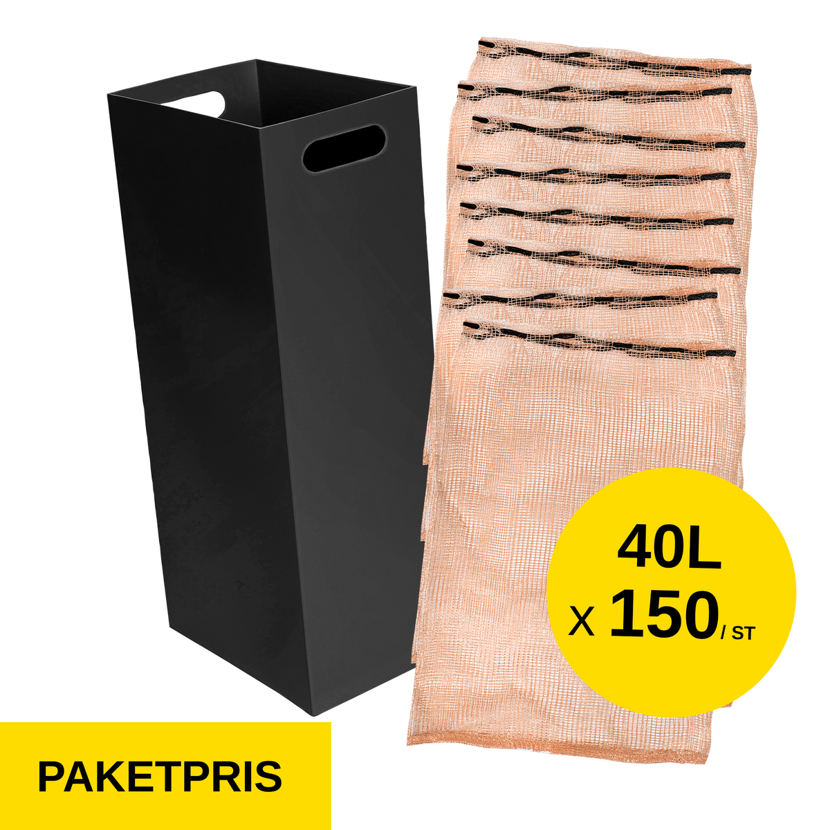 Startpaket vedpackning 40L – 150 vedsäckar + säckkanal